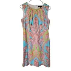 Brooks Brothers Beaded Collar Blue Pink Green Paisley Sheath Lined Dress‎ 6